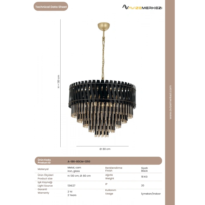 Siyah Boyalı Klasik Avize A-186-80CM