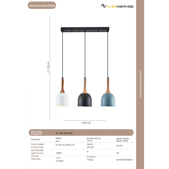 ÜÇLÜ AVİZE KARIŞIK ZC-512-3AS-MIX