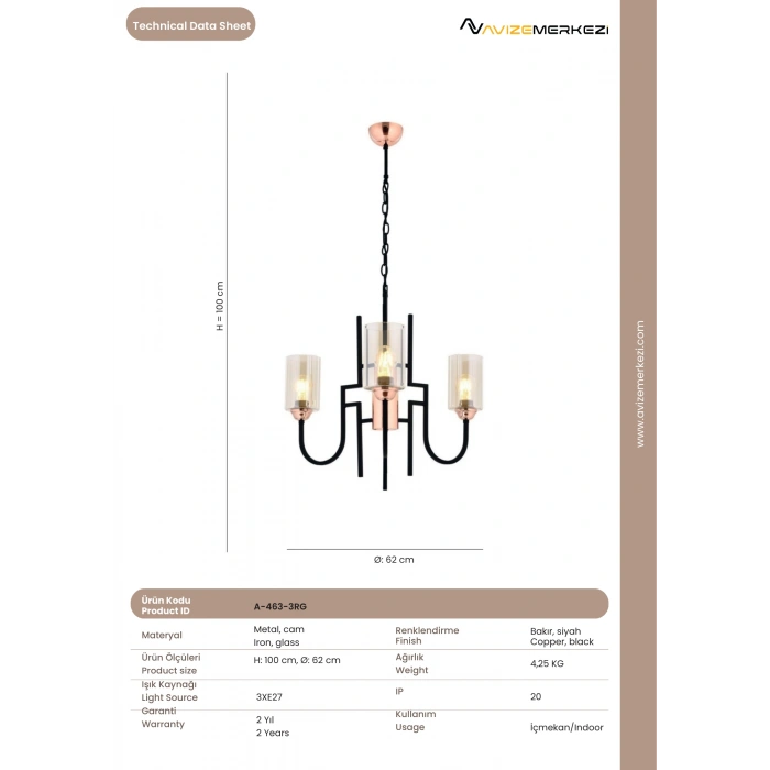 ÜÇLÜ ROSE GOLD AVİZE A-463-3RG