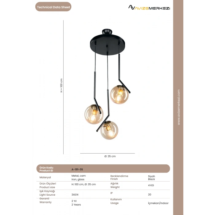 ÜÇLÜ YUVARLAK AVİZE A-191-3S