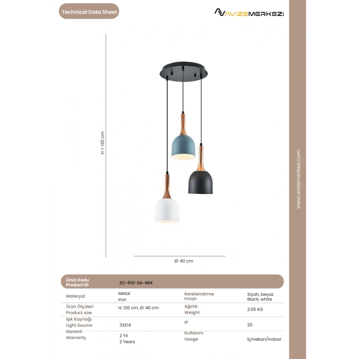 ÜÇLÜ YUVARLAK AVİZE ZC-512-3A-MIX