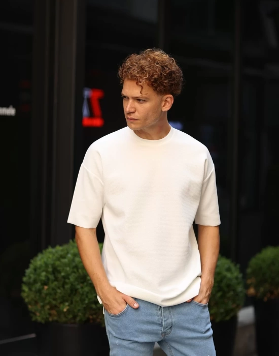 Erkek Petekli Oversize Beyaz T-Shirt