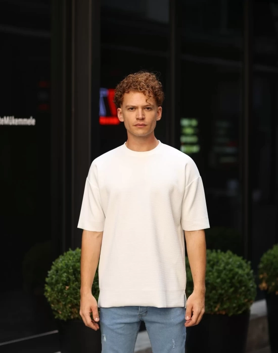 Erkek Petekli Oversize Beyaz T-Shirt