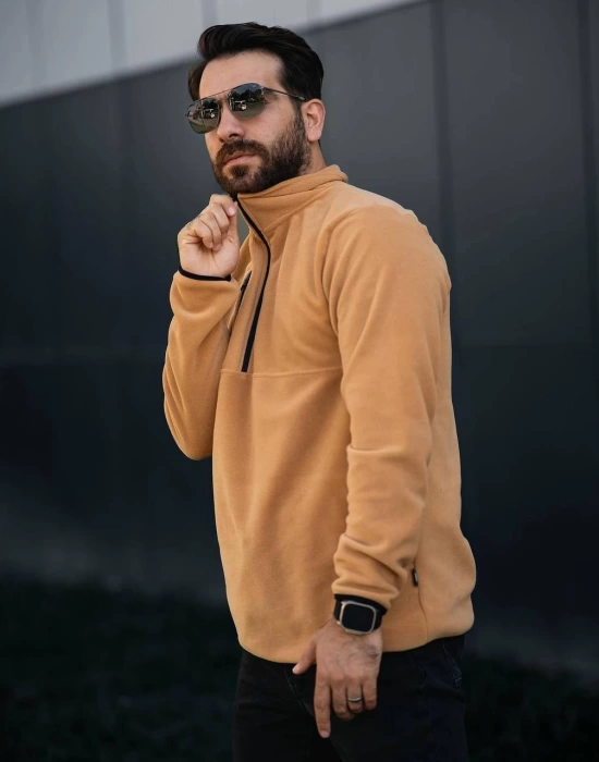 Fermuarlı Yaka Polar Sweatshirt Bej