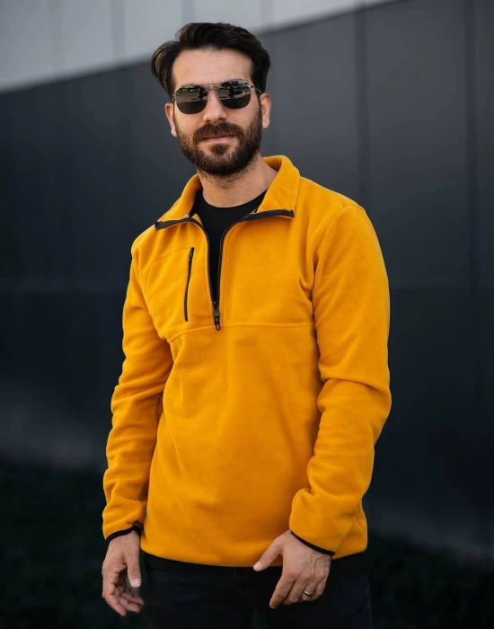 Fermuarlı Yaka Polar Sweatshirt Hardal