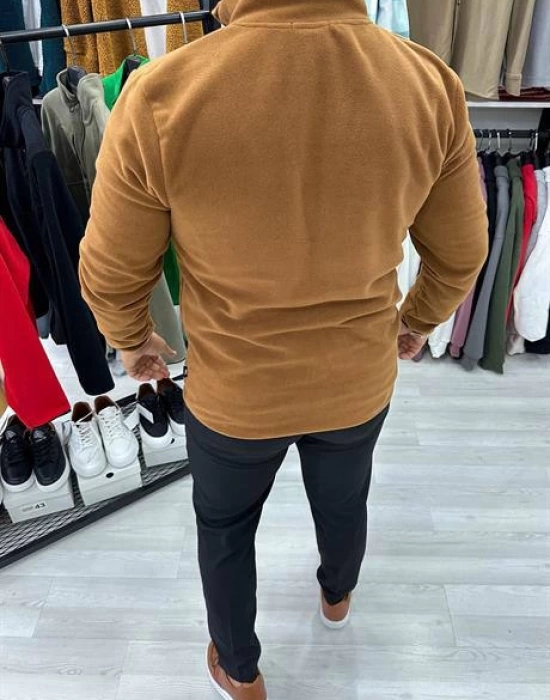 Fermuarlı Yaka Polar Sweatshirt Kahve
