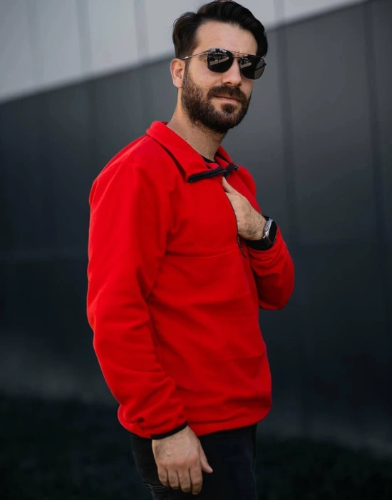 Fermuarlı Yaka Polar Sweatshirt Kırmızı