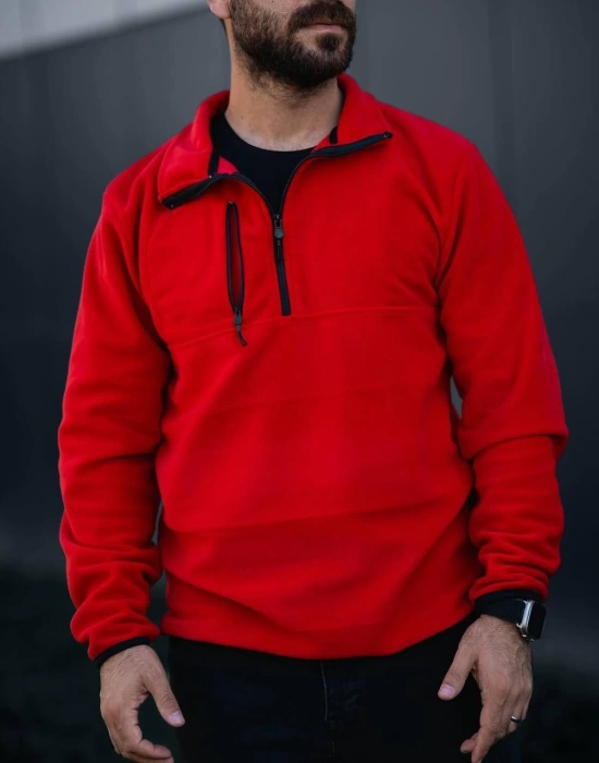 Fermuarlı Yaka Polar Sweatshirt Kırmızı