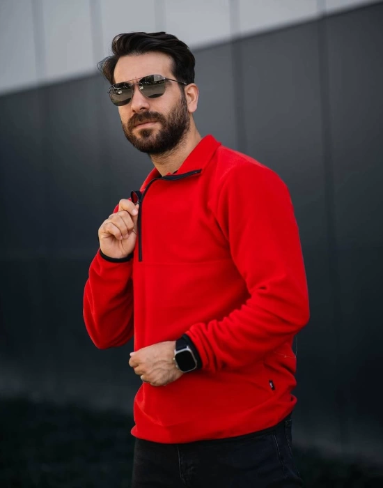 Fermuarlı Yaka Polar Sweatshirt Kırmızı