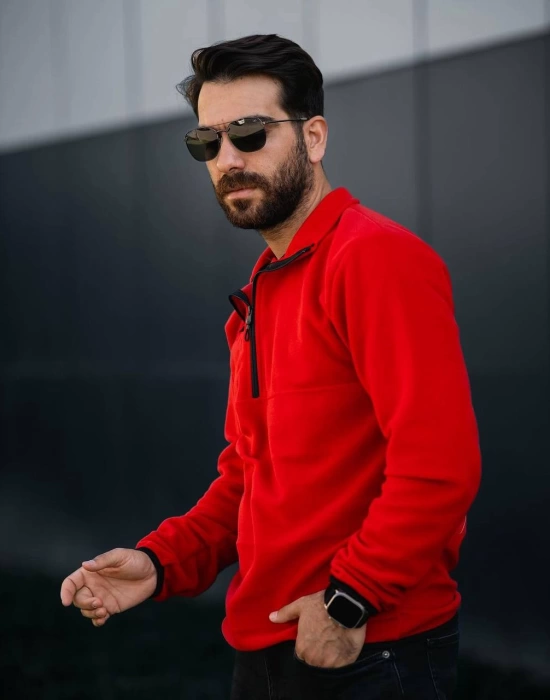 Fermuarlı Yaka Polar Sweatshirt Kırmızı