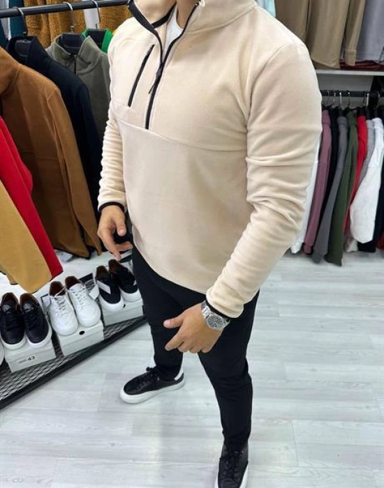 Fermuarlı Yaka Polar Sweatshirt Krem