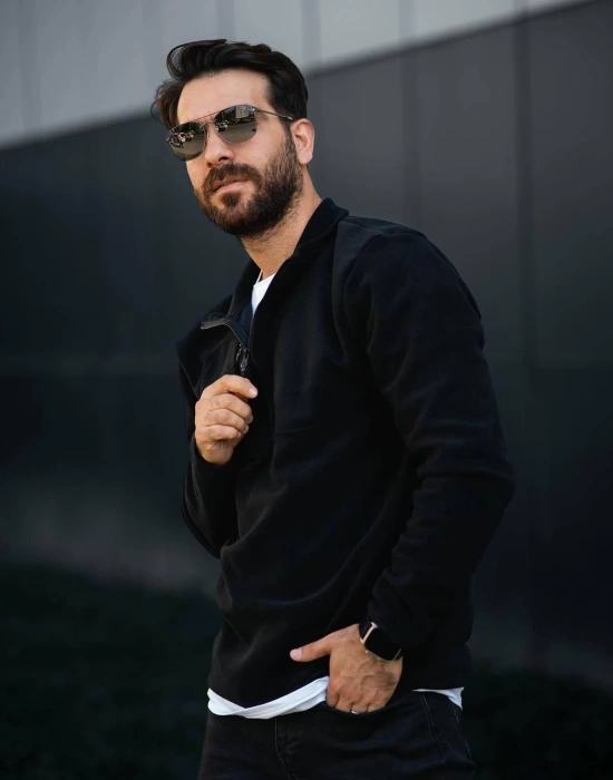 Fermuarlı Yaka Polar Sweatshirt Siyah