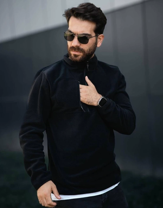 Fermuarlı Yaka Polar Sweatshirt Siyah