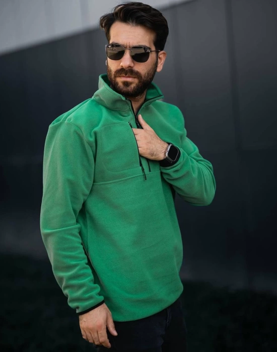 Fermuarlı Yaka Polar Sweatshirt Yeşil