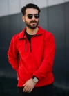 Fermuarlı Yaka Polar Sweatshirt Kırmızı