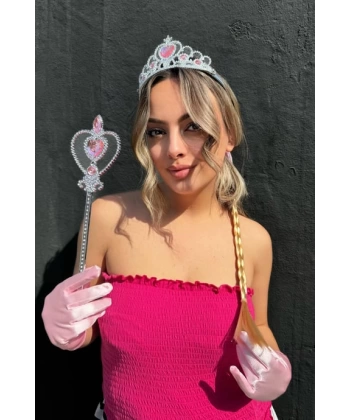 Pembe Renk Karlar Ülkesi Frozen Elsa Saçı Taç Eldiven Toka Seti