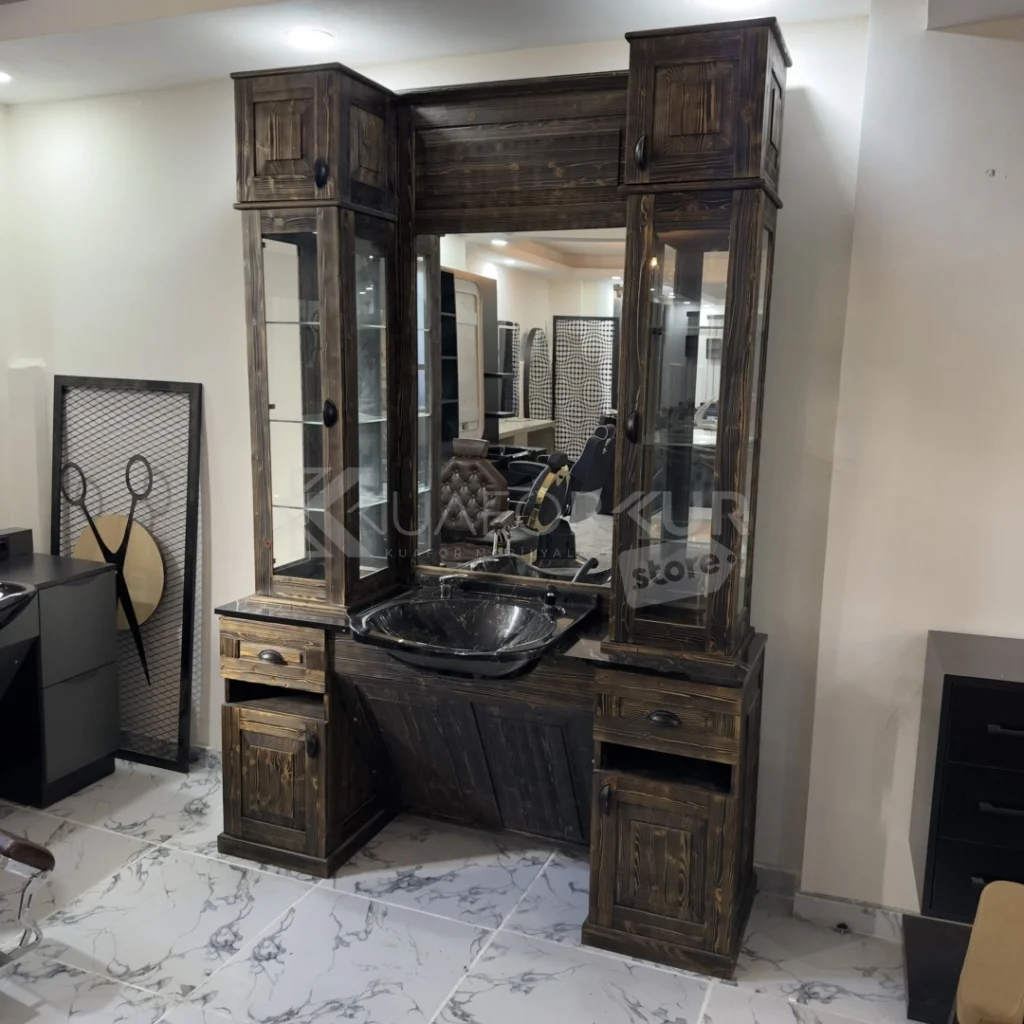 Cam Dolaplı Ahşap Berber Tezgahı (TEŞHİR)