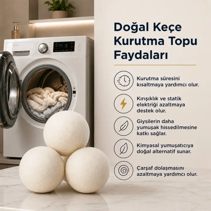 %100 El Yapımı Doğal Keçe Kurutma Topu 3 Adet – 50 Gr( 7-8 cm) Uzun Ömürlü ve Kimyasal İçeriksiz