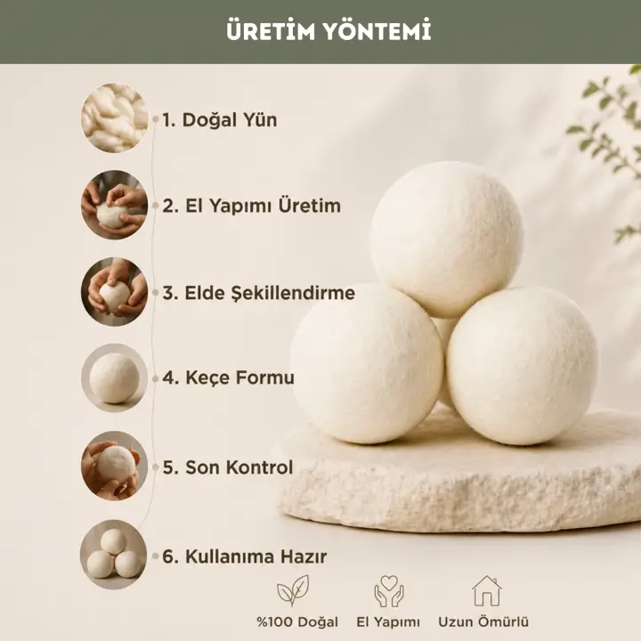 %100 El Yapımı Doğal Keçe Kurutma Topu 3 Adet – 50 Gr( 7-8 cm) Uzun Ömürlü ve Kimyasal İçeriksiz