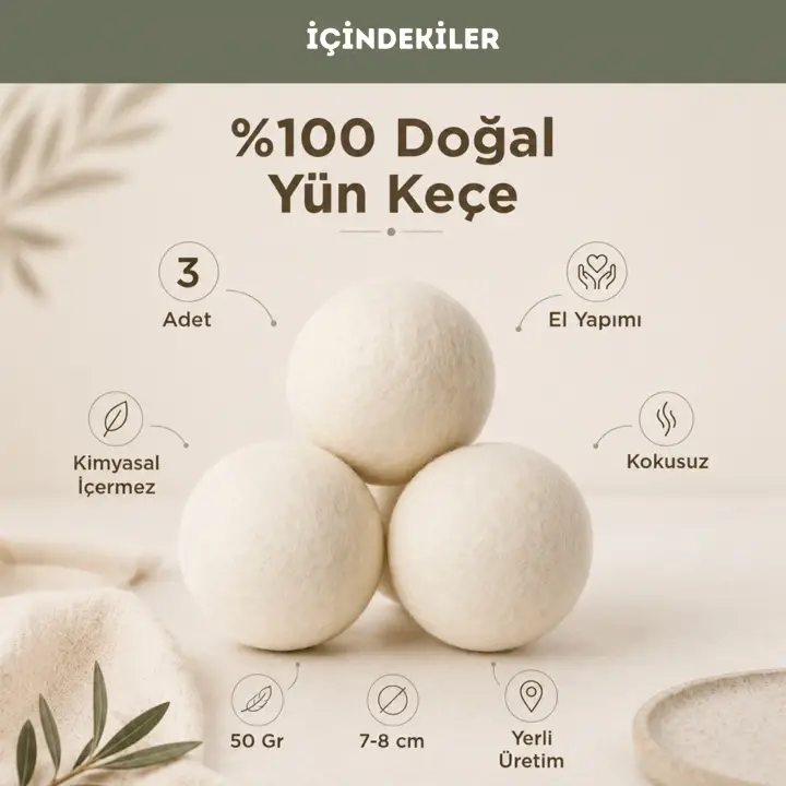 %100 El Yapımı Doğal Keçe Kurutma Topu 3 Adet – 50 Gr( 7-8 cm) Uzun Ömürlü ve Kimyasal İçeriksiz