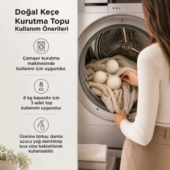 %100 El Yapımı Doğal Keçe Kurutma Topu 3 Adet – 50 Gr( 7-8 cm) Uzun Ömürlü ve Kimyasal İçeriksiz