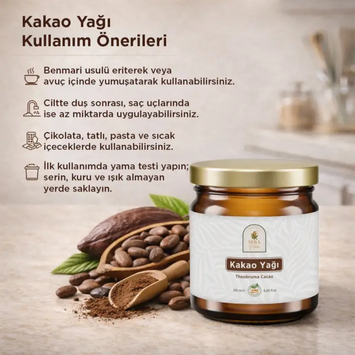 Kakao Yağı 210 ml. %100 Saf - Doğal Nemlendirici & Yenilebilir Saf Kakao Yağı