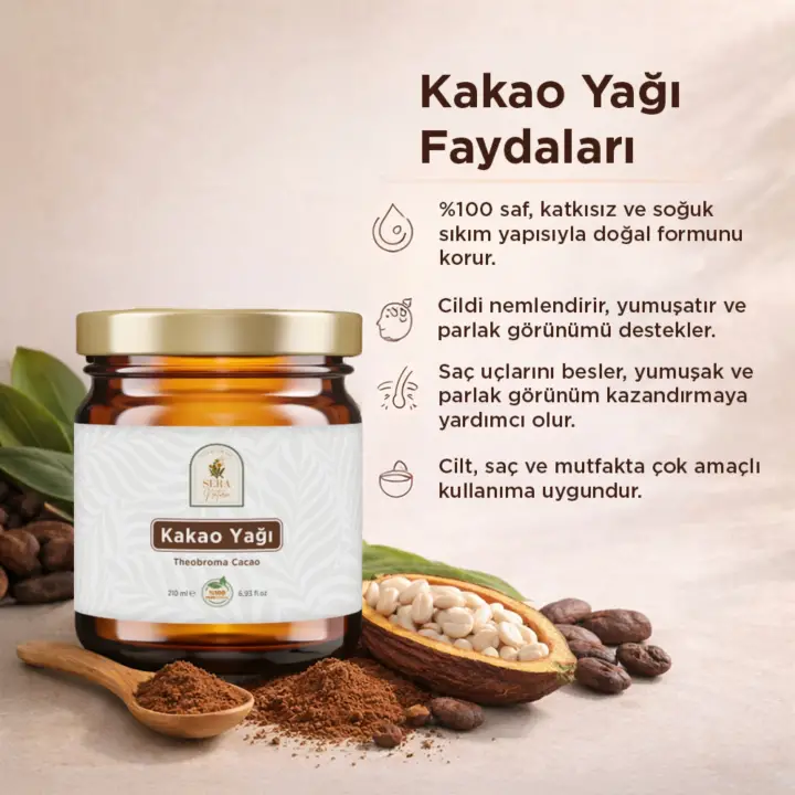 Kakao Yağı 210 ml. %100 Saf - Doğal Nemlendirici & Yenilebilir Saf Kakao Yağı