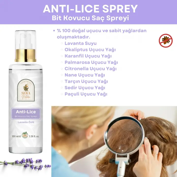 Anti-Lice Lavanta Özlü Bit Kovucu Saç Spreyi 100 ml. – %100 Doğal, Durulama Gerektirmez, Tüm Yaşlar İçin