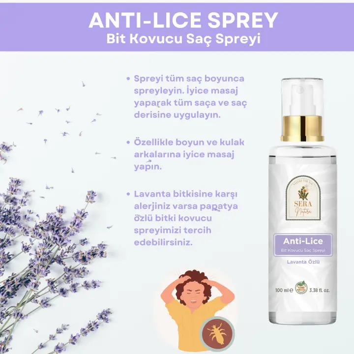 Anti-Lice Lavanta Özlü Bit Kovucu Saç Spreyi 100 ml. – %100 Doğal, Durulama Gerektirmez, Tüm Yaşlar İçin