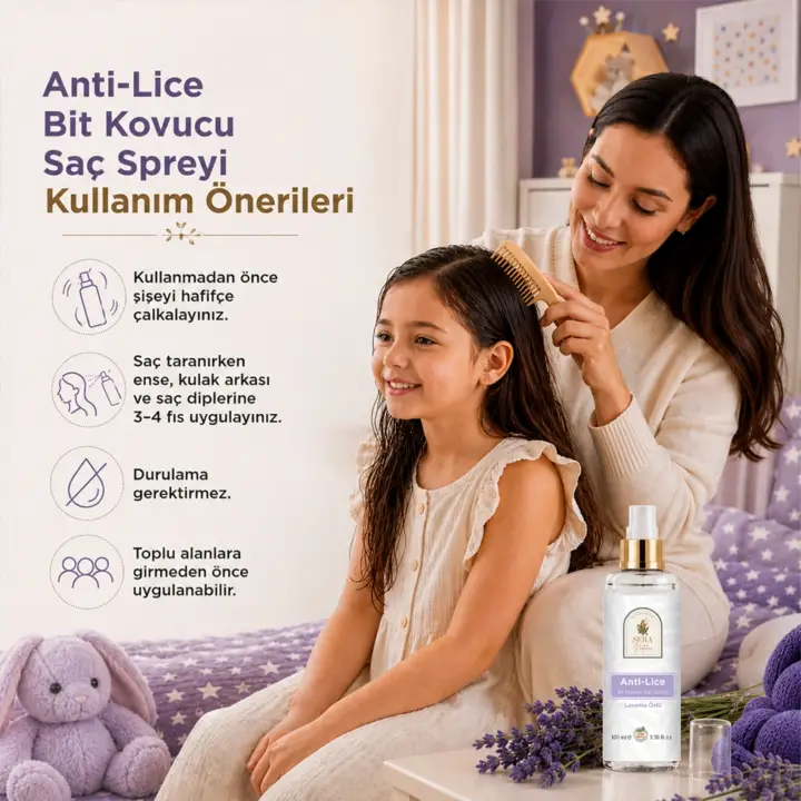 Anti-Lice Lavanta Özlü Bit Kovucu Saç Spreyi 100 ml. – %100 Doğal, Durulama Gerektirmez, Tüm Yaşlar İçin