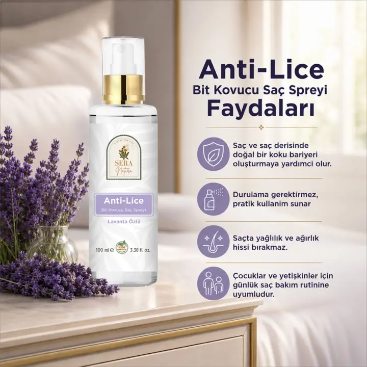 Anti-Lice Lavanta Özlü Bit Kovucu Saç Spreyi 100 ml. – %100 Doğal, Durulama Gerektirmez, Tüm Yaşlar İçin