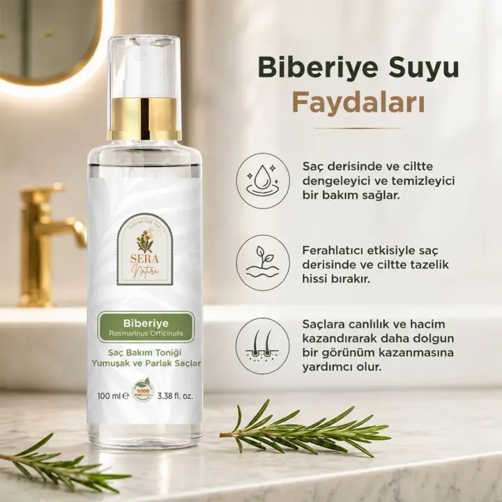 Saf Biberiye Suyu Saç Bakım Toniği 100 ml – %100 Saf, Doğal Saç Güçlendirici ve Canlandırıcı