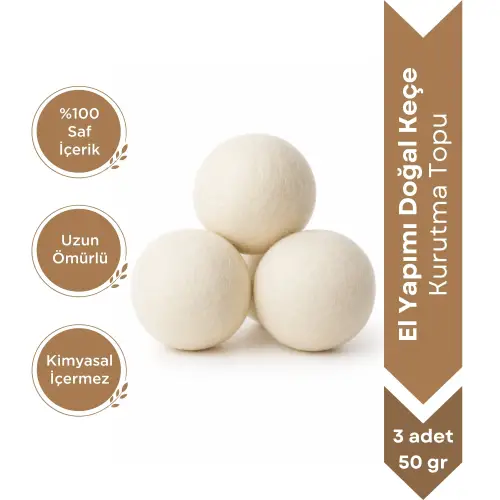 %100 El Yapımı Doğal Keçe Kurutma Topu 3 Adet – 50 Gr( 7-8 cm) Uzun Ömürlü ve Kimyasal İçeriksiz