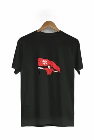1 Mayıs Emek Ve Dayanışma Bayraklı Emekçi Baskılı Bisiklet Yaka T-shirt - Siyah