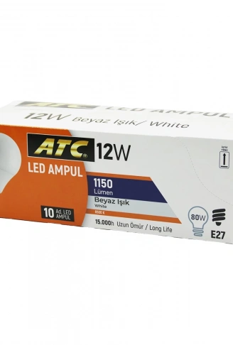 10 ADET ATC 12W=80W E27 BEYAZ=6500K LED AMPUL LAMBA 1150 LÜMEN 15.000 SAAT ÖMÜR (4940)
