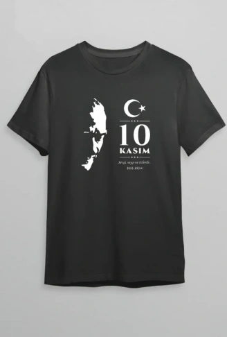 10 Kasım Atatürk Anma Günü Silüet Baskılı Oversize Bisiklet Yaka T-shirt - Siyah