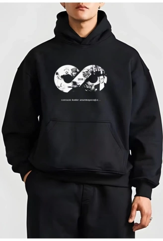 10 Kasıma Özel Üç İplik Kapşonlu Baskılı SweatShirt - Siyah