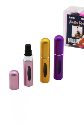 12 ADET MİNİ=CEP - ÇANTA BOY BOŞ SPREY PARFÜM ŞİŞESİ 5ML RENKLİ PLS. SEVİYE PENCERELİ (4940)