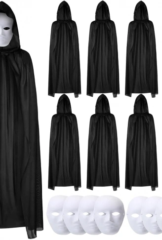 120 cm Siyah Kapüşonlu Pelerin ve Boyanabilir Karton Maske 8’li Set (4940)