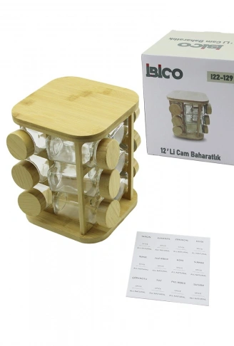 12PCS KARE DÖNER STANDLI CAM - BAMBU KAPAK TUZLUK - BAHARATLIK BAMBU STAND (4940)