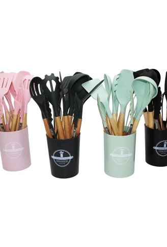 12PCS PLASTİK KOVALI  BAMBU SAPLI SİLİKON MUTFAK SET (4940)
