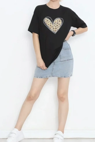 14 Şubat Sevgililer Günü Leopar Kalp Baskılı Oversize Bisiklet Yaka T-shirt - Siyah