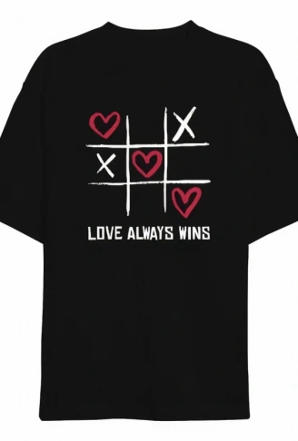 14 Şubat Sevgililer Günü Love Always Wins Baskılı Oversize Bisiklet Yaka T-shirt - Siyah