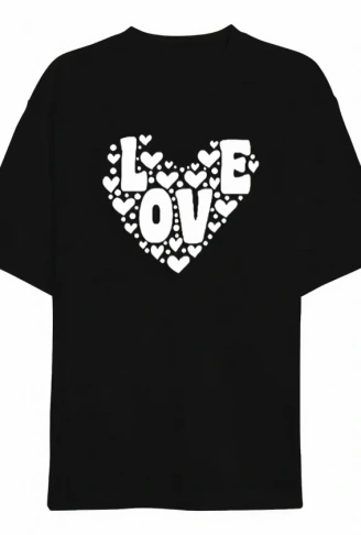 14 Şubat Sevgililer Günü Love Kalp Baskılı Oversize Bisiklet Yaka T-shirt - Siyah