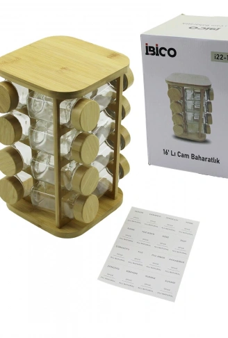 16PCS KARE - DÖNER STANDLI CAM - BAMBU KAPAK TUZLUK - BAHARATLIK BAMBU STAND (4940)