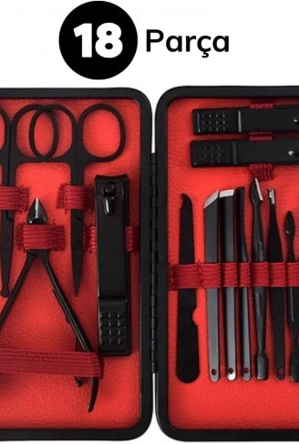 18 Parça Manikür Pedikür Set Kutusu Çelik Deri Çantalı Bakım Seti (4940)