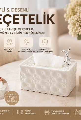 18.4X12.5X9CM BEYAZ YAYLI MASAÜSTÜ DEKORATİF DİKDÖRTGEN PEÇETELİK (4940)