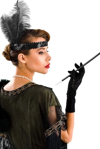 1920'ler Gatsby Aksesuar Seti – Siyah Charleston Saç Bandı & Sigaralık