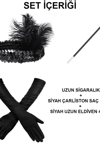 1920'ler Gatsby Aksesuar Seti – Siyah Charleston Saç Bandı, Uzun Eldiven & Sigaralık