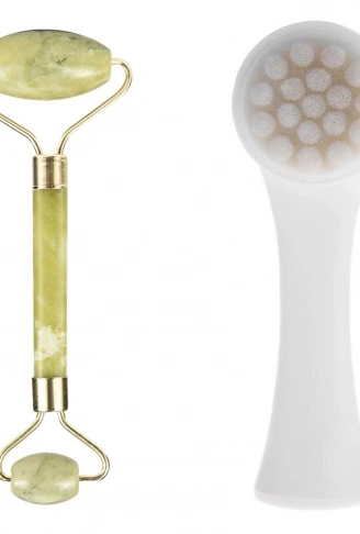 2'li Set Çift Taraflı Cilt Temizleme Fırçası ve Yeşim Taşı Çift Taraflı Cilt Masaj Aleti (4940)